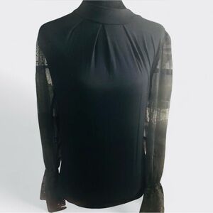 Willow Young Contemporary Black Lace Bell Sleeve Blouse Sheer Sleeve Top